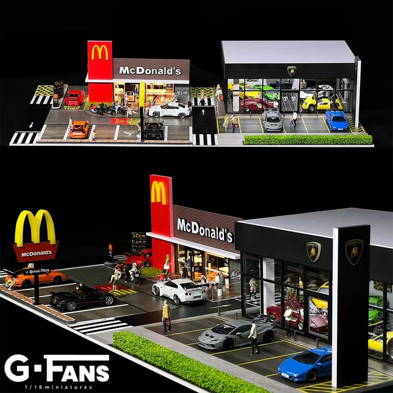 Diorama 1:64 Car Garage Model LED Lighting McDonald's Parking Lots Model Display