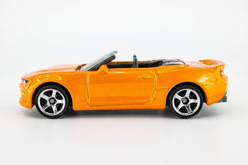 Orange metallic die-cast sports car model with open hood and black wheels