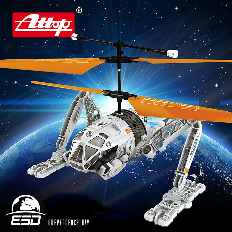 Orange and white RC helicopter drone with rotor and landing skids, remote-control