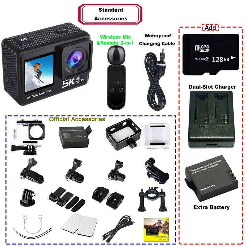 5K EIS WIFI Action Camera Sport DV Dual Screen Diving Recorder Waterproof 128GB