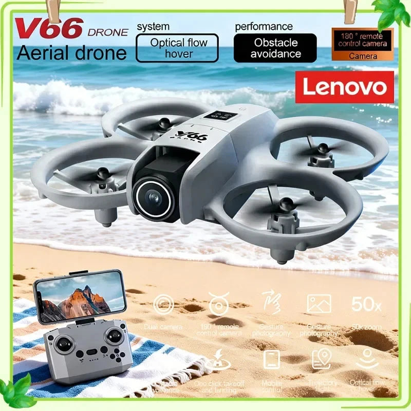 Lenovo V66 mini foldable quadcopter drone with front camera and controller, gray