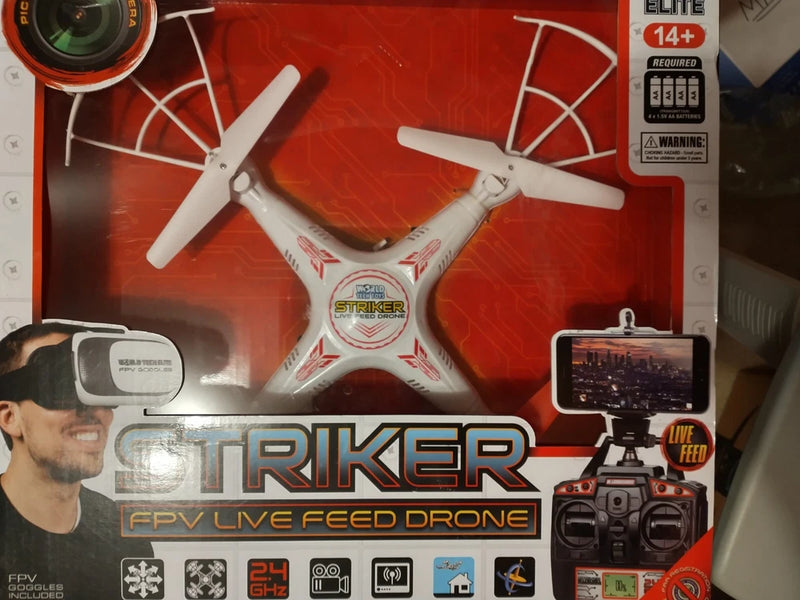 FPV live feed drone in retail box, white quadcopter and controller screen