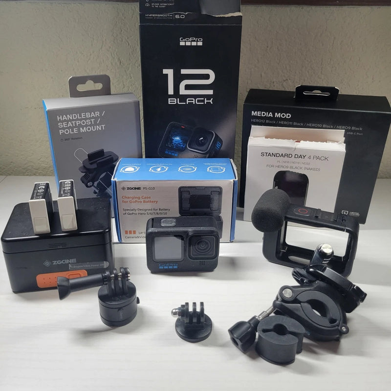 GoPro HERO12 Black action camera bundle with mounts, media mod, batteries