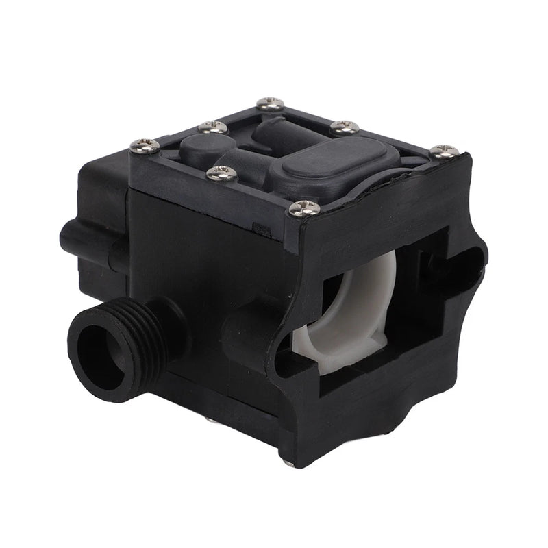 Black brushless water pump module with two hose ports and screw-mounted top