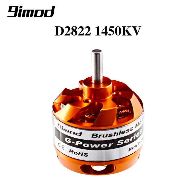 Brushless RC outrunner motor with D2822 1450KV label, gold housing and silver shaft