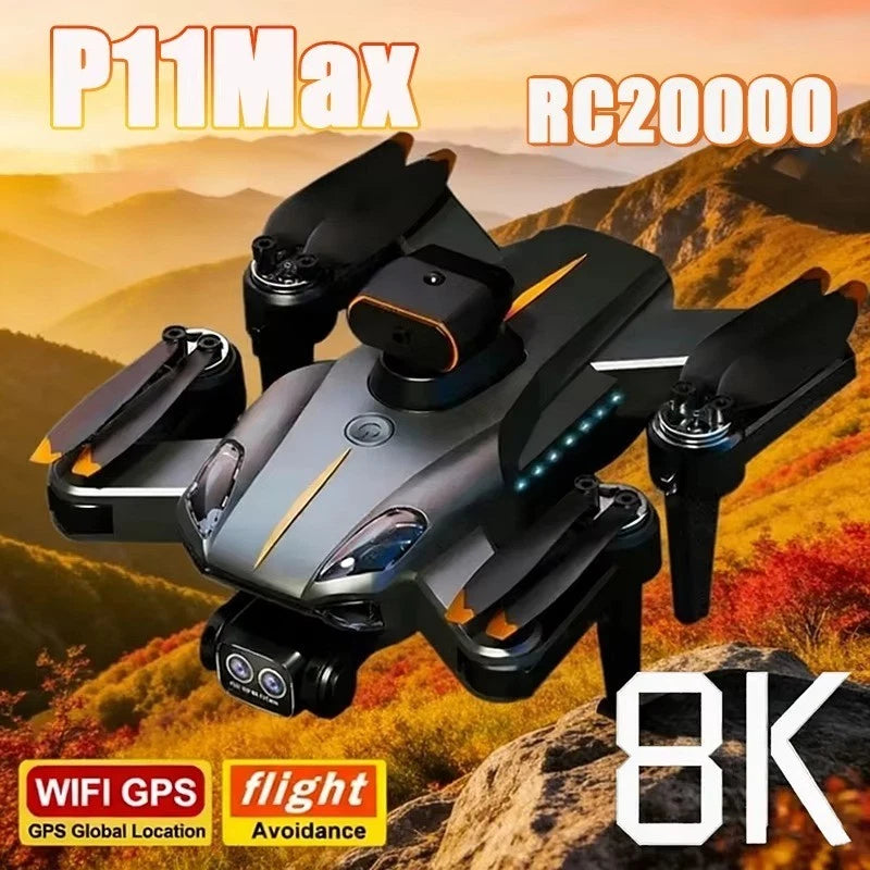 Black foldable GPS drone with dual camera and 8K capability
