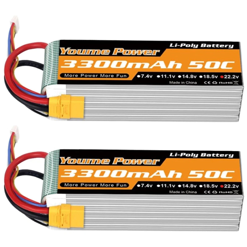 Yourme 22.2V 3300mAh 50C 6S Lipo Battery XT90 Plug 2Packs Battery