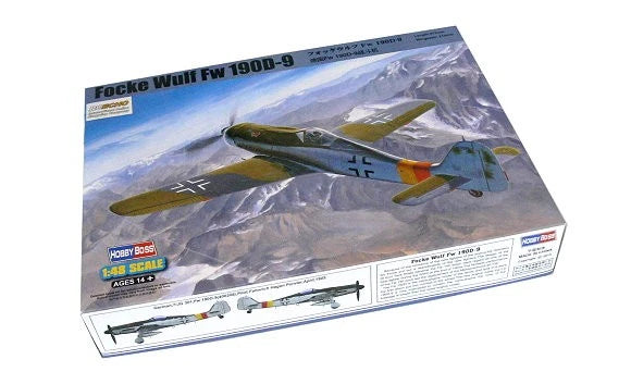 HOBBYBOSS 1/48 Fw 190D-9 model kit box with illustrated aircraft and parts