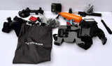 Action camera accessory bundle with mounts and black storage pouch