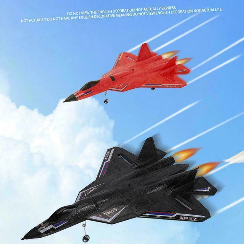 RC fixed-wing glider plane model, red and black stealth jet style, side view.