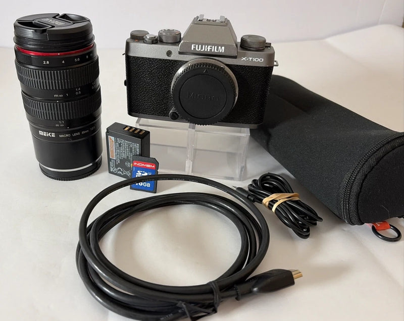 Fujifilm X-T100 24.2MP Mirrorless Digital Camera w/85mm Meike Macro Lens