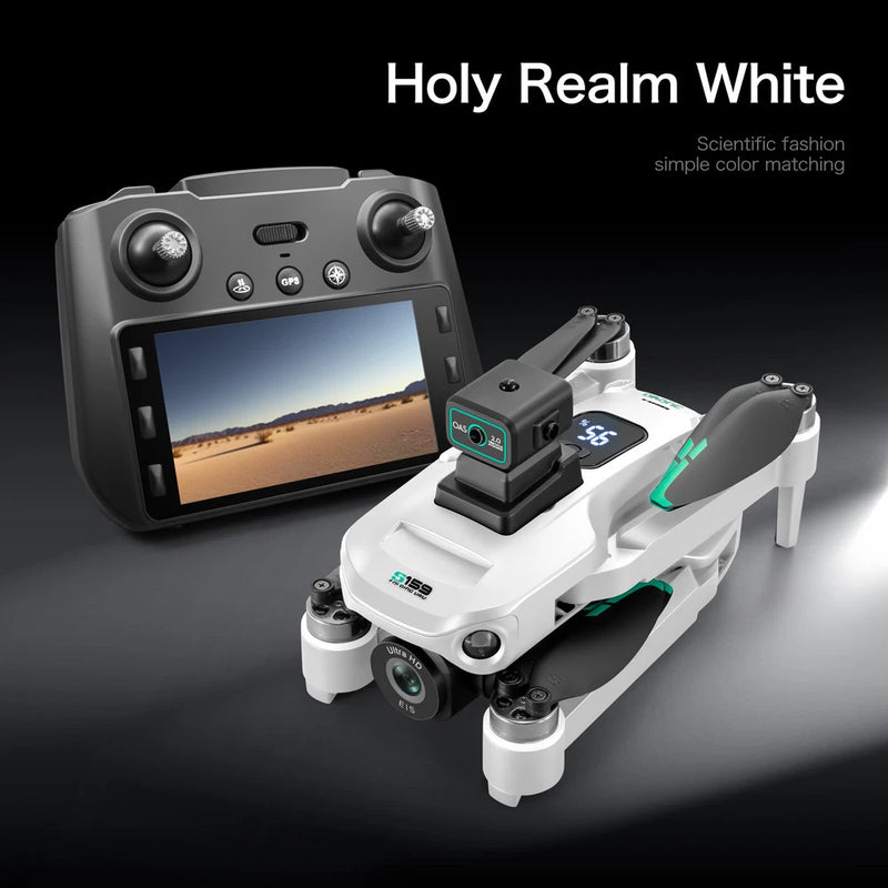 White quadcopter drone with camera and LCD remote controller with screen