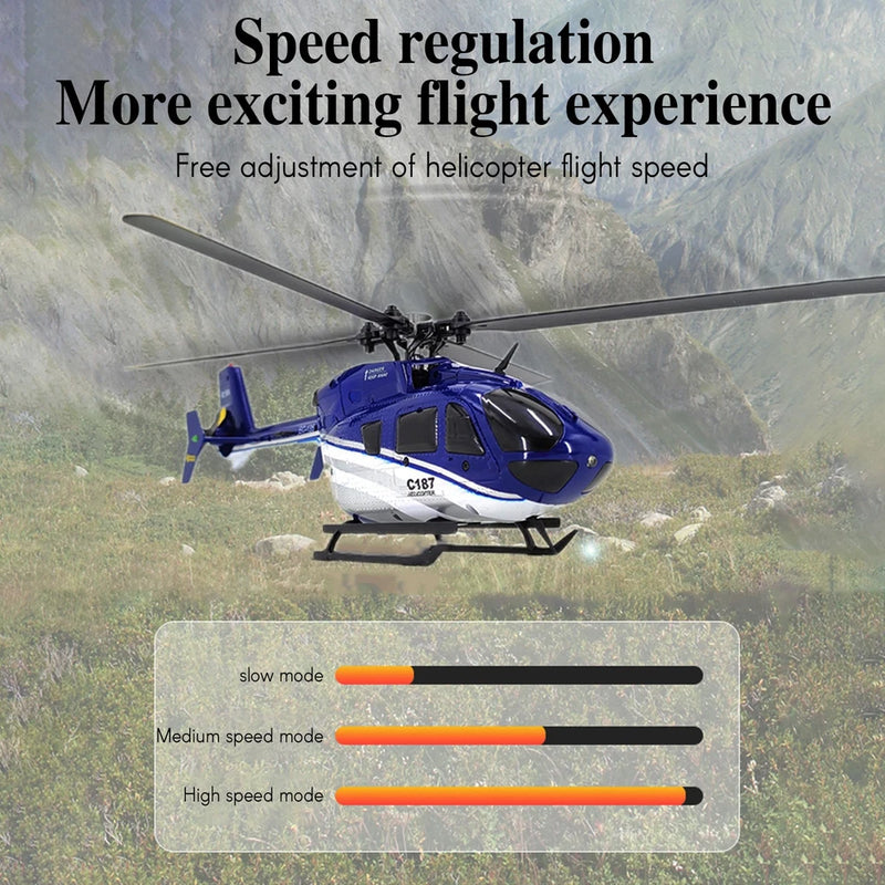 Blue remote control helicopter drone with black details and spinning rotor blades