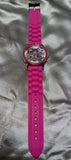 Girls pink fashion watch with round graphic dial and link strap