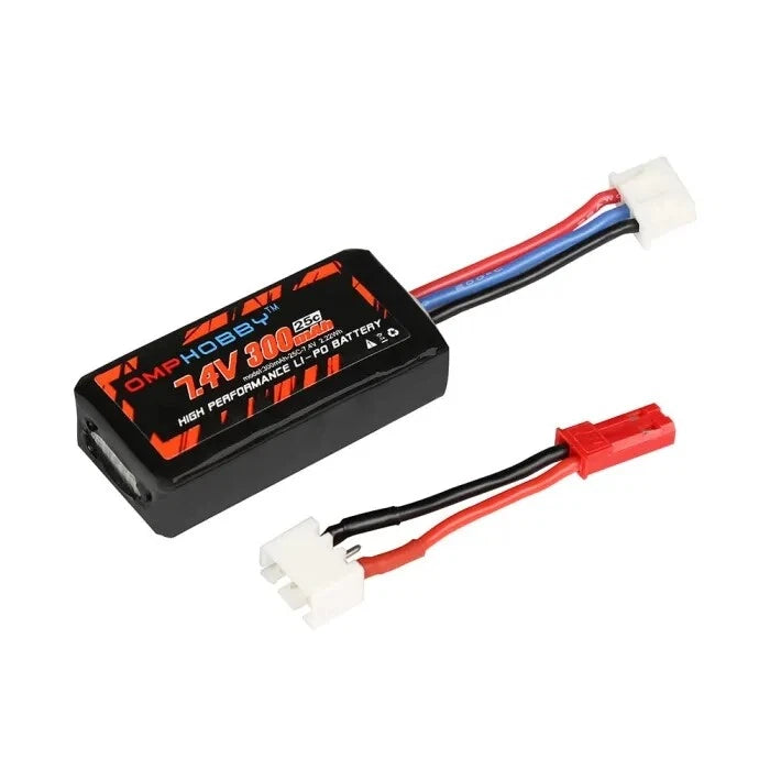 7.4V 300mAh RC battery pack with red/blue wires and white connectors