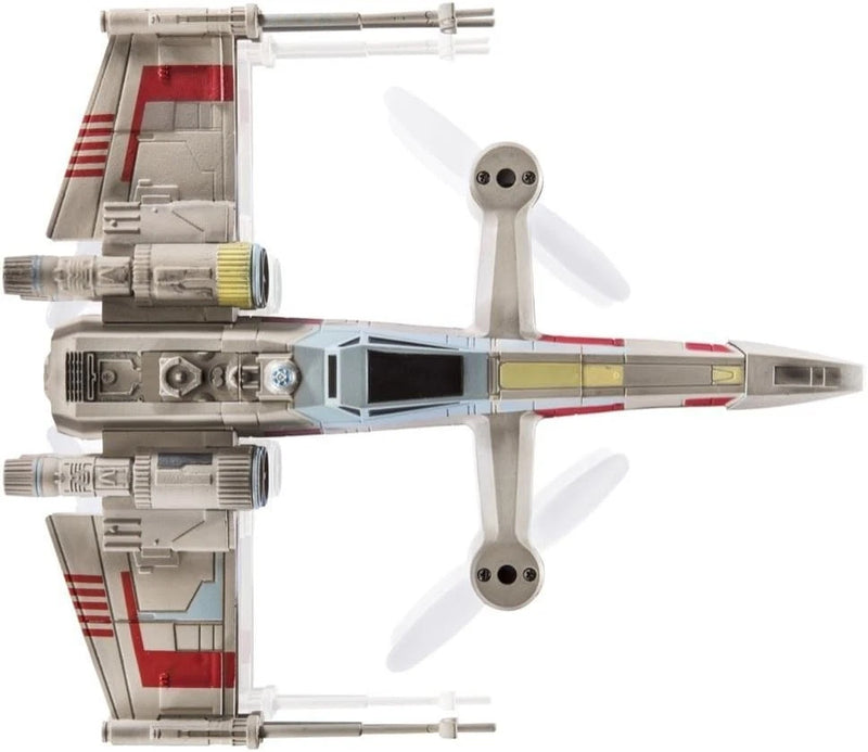 White X-wing style RC drone with red panel stripes and two rear propellers.