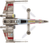 White X-wing style RC drone with red panel stripes and two rear propellers.