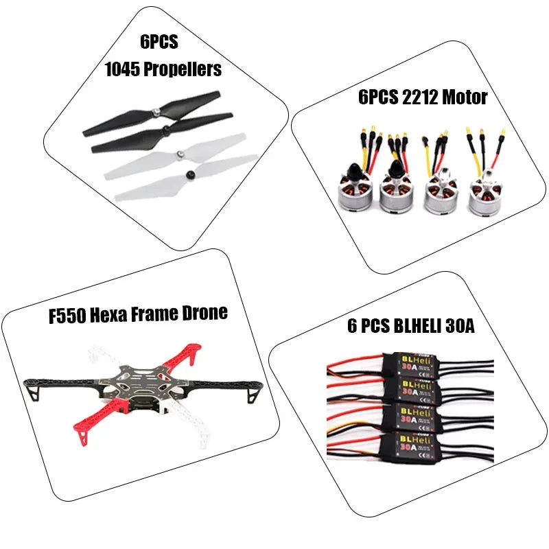 Hexa frame drone kit with 1045 propellers, 2212 motors, and 30A ESCs