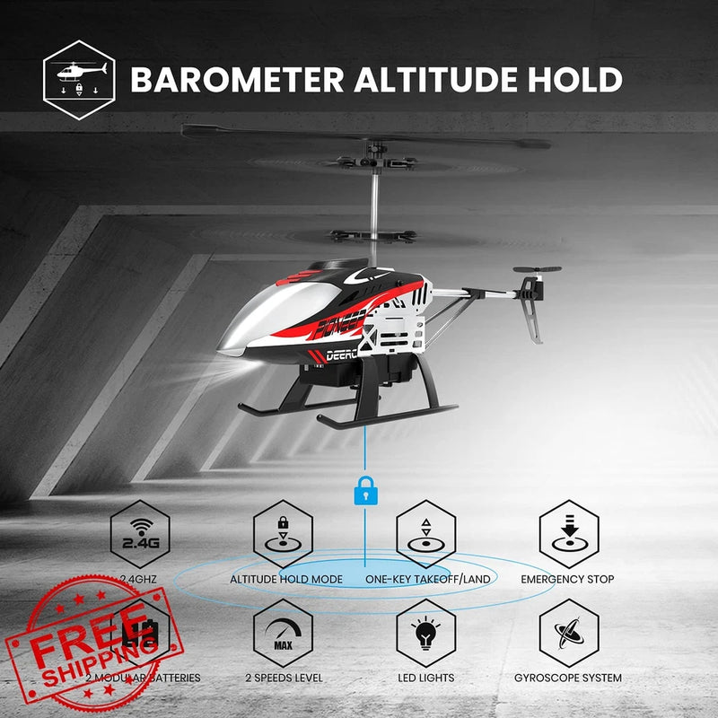 DEERC RC helicopter, red and white, with landing skids and altitude-hold control