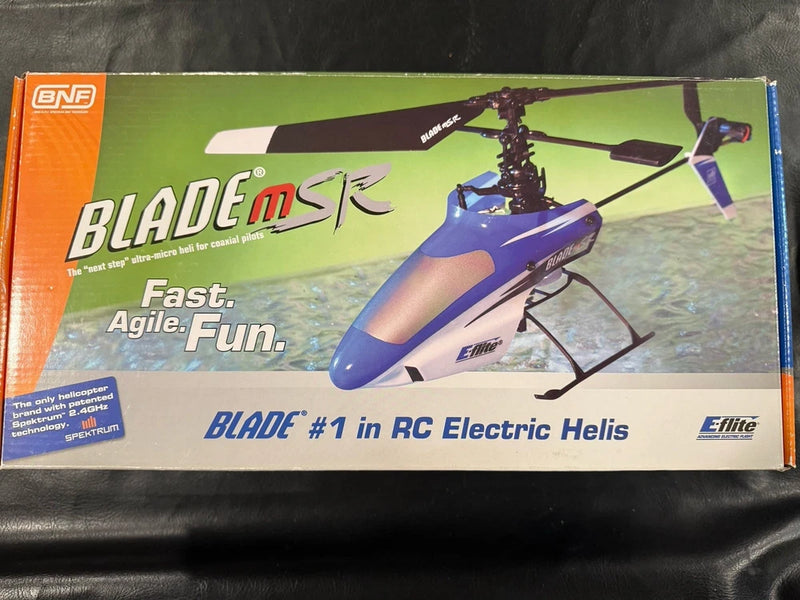 Blade MSR RC electric helicopter BNF box with E-flite label, Horizon Hobby branding