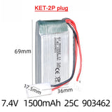 7.4V 1500mAh LiPo battery with KET plug, red/black leads, white connector
