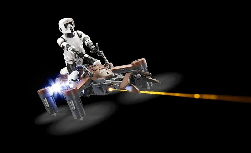 Gray and tan speeder bike drone with blue light, small front propellers