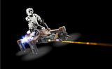 Gray and tan speeder bike drone with blue light, small front propellers