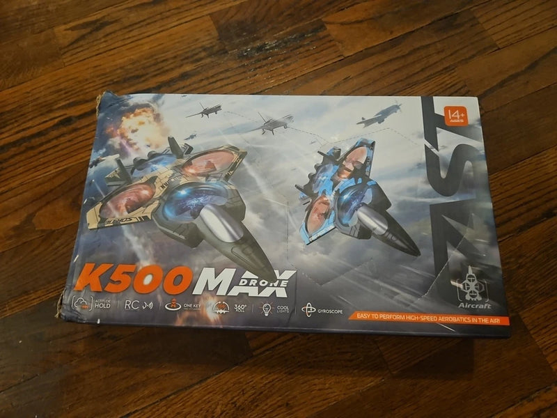 RC drone starter kit box with K500 Max graphics and controller-ready design