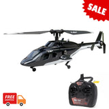 RC helicopter with remote controller, black/gray with spinning main rotor and tail boom.