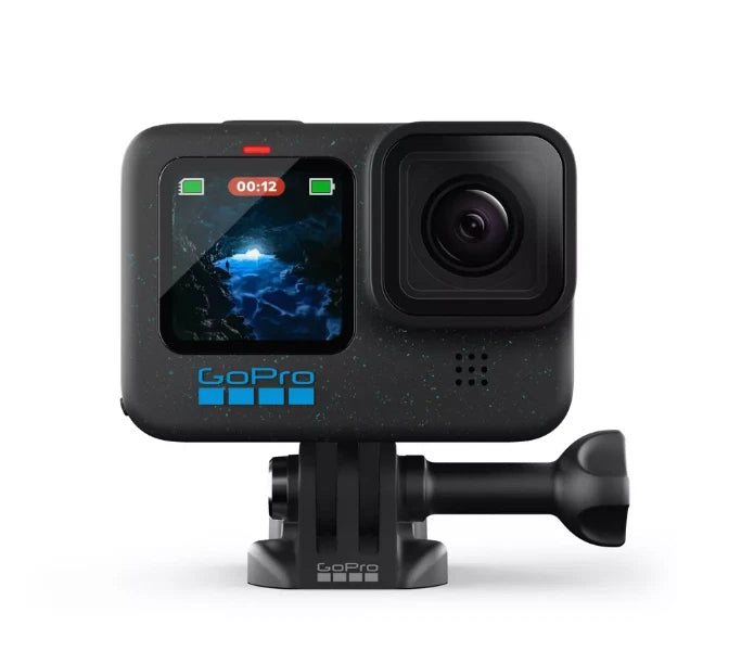 Black GoPro HERO12 action camera with front touchscreen and lens, wall mount bracket