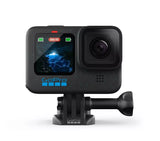 Black GoPro HERO12 action camera with front touchscreen and lens, wall mount bracket