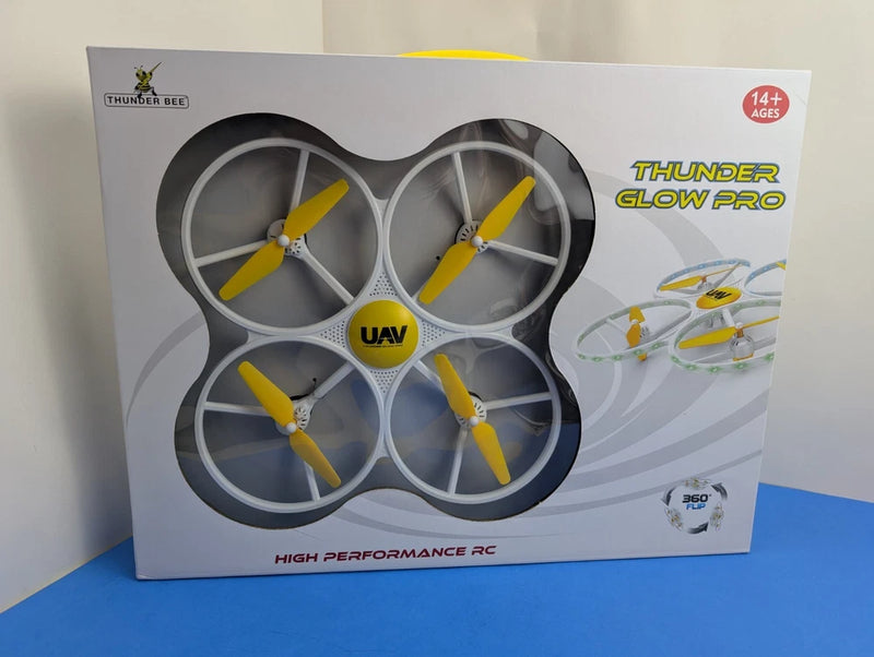 Remote control quadcopter box with 4 propellers and LED lights for kids