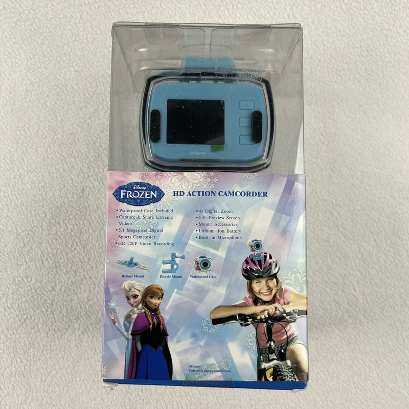 Frozen HD action camcorder in clear retail box, blue waterproof case with screen