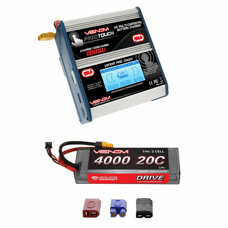 Venom 20C 2S 4000mAh 7.4V LiPo Battery with Pro Touch Charger Combo Battery