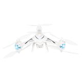 White RC quadcopter drone with front camera, four propellers, blue LED lights
