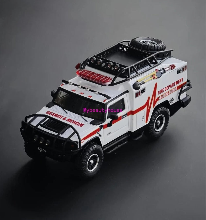 MK 1:64 White H2 Fire Dep. Rescue Vehicle ORV Model Diecast Metal Car