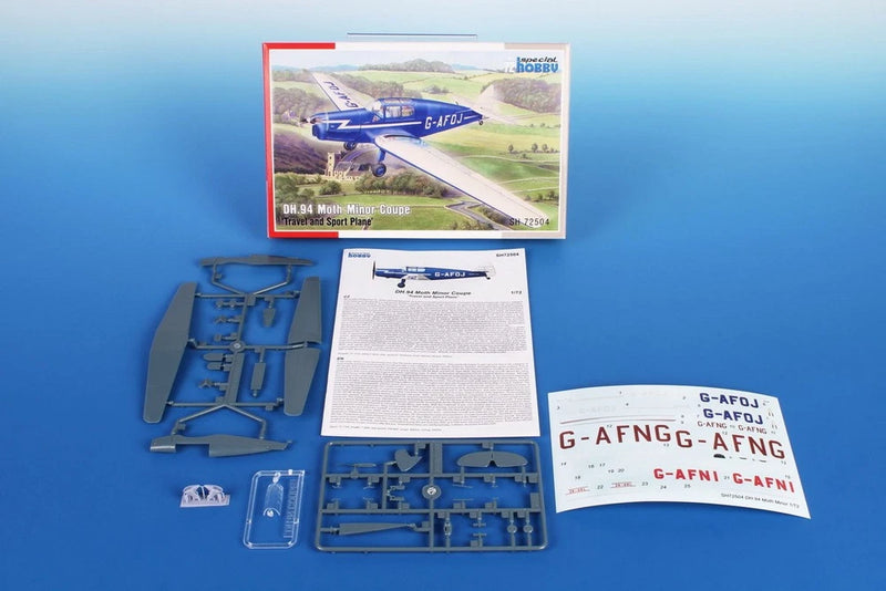 Special Hobby 1/72 DH.94 Moth Minor Coupe model kit parts, decals, and instructions