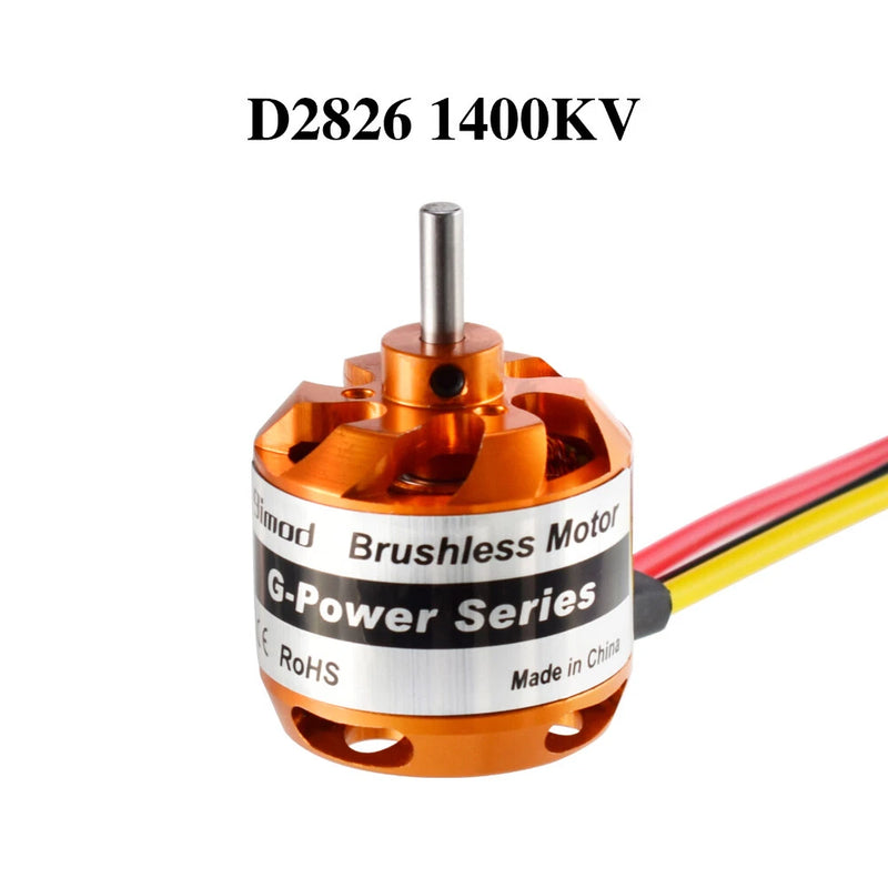 Orange D2826 brushless outrunner motor with silver shaft and three-wire lead