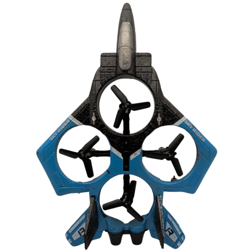 Blue and black quadcopter drone with four propellers and central camera mast