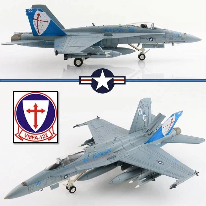 Hobby Master 1/72 F/A-18C Hornet scale model, gray with blue tail and landing gear
