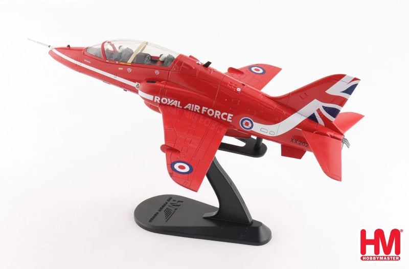 Red RAF Hawk T.1A model aircraft with stand, front 3/4 view