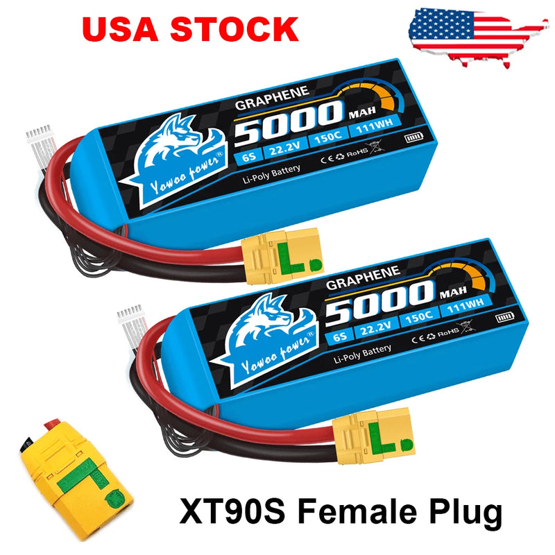 2pcs Yowoo 5000mAh XT90S 6S Lipo Battery 22.2V 150C Graphene for RC Drone Car Battery