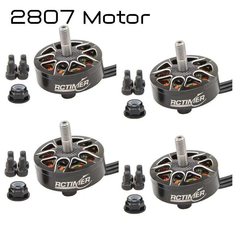 RCTimer brushless drone motor with silver shaft, black housing, and mounting screws
