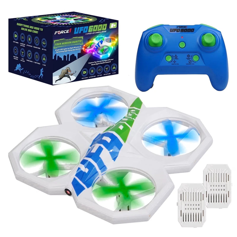 Blue LED quadcopter toy drone with multi-color spinning lights and white prop guards