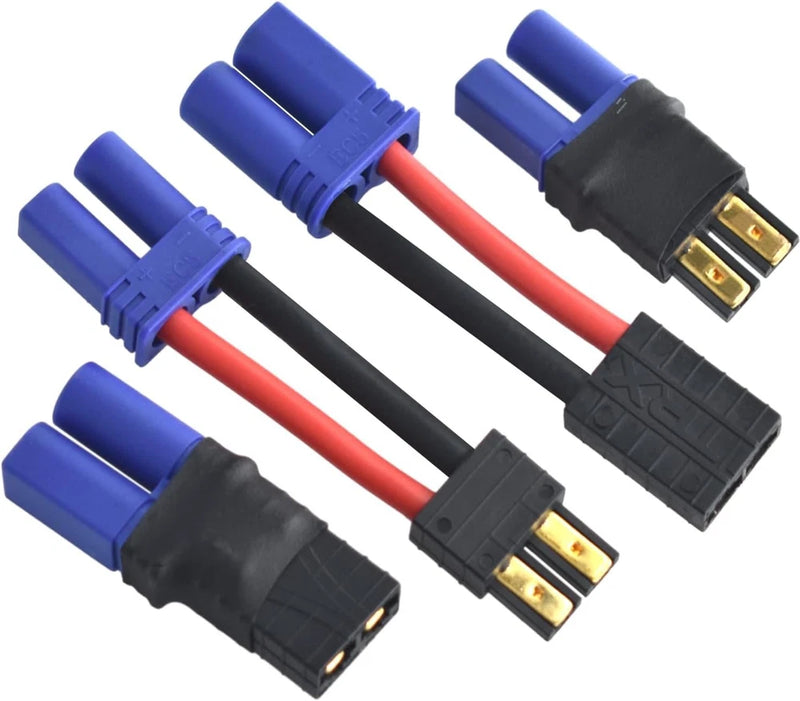 RC battery connector adapter set with red wires, blue caps, black plugs, gold pins