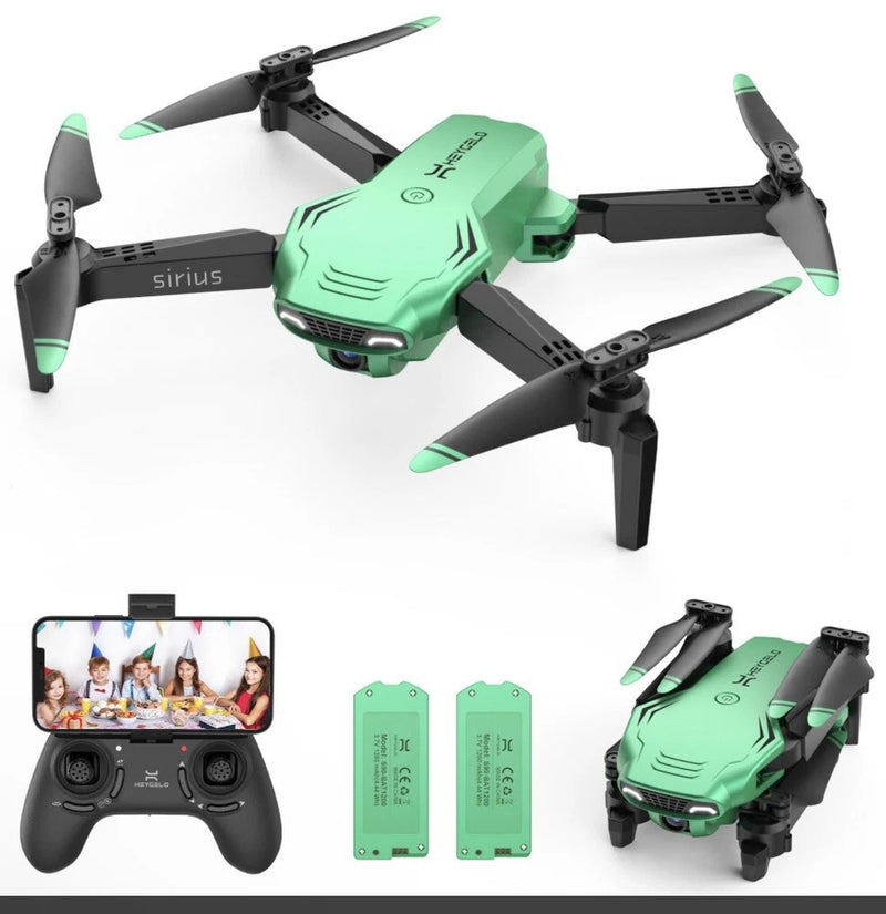 Green mini quadcopter drone with camera, with black remote controller and two battery modules