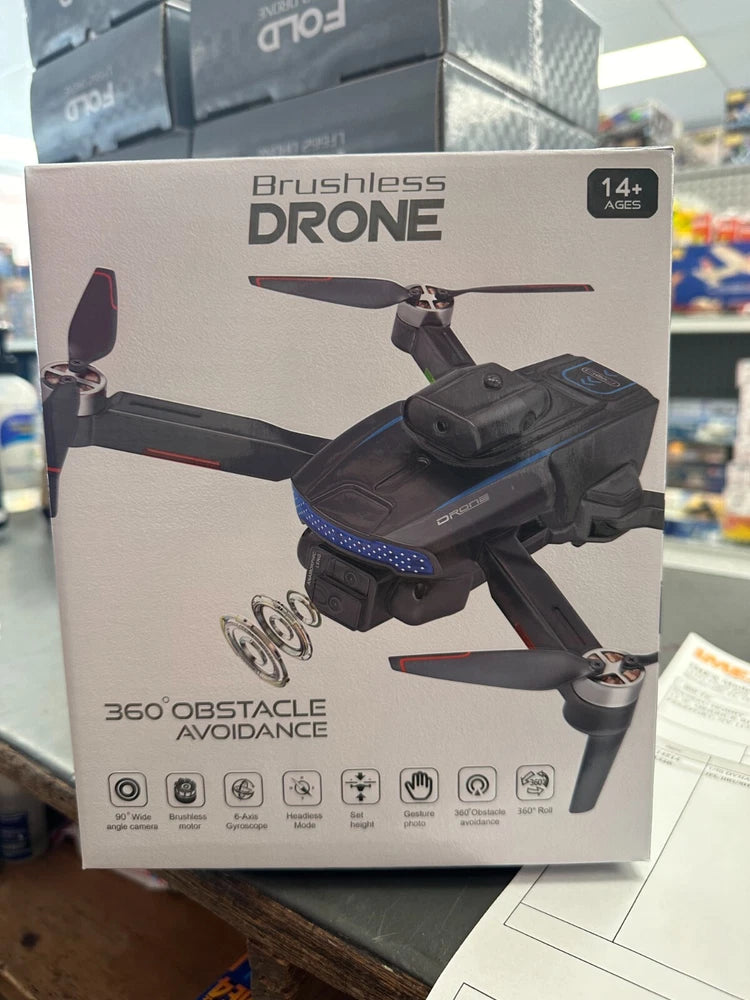 Foldable brushless drone with propellers and camera, shown on product box