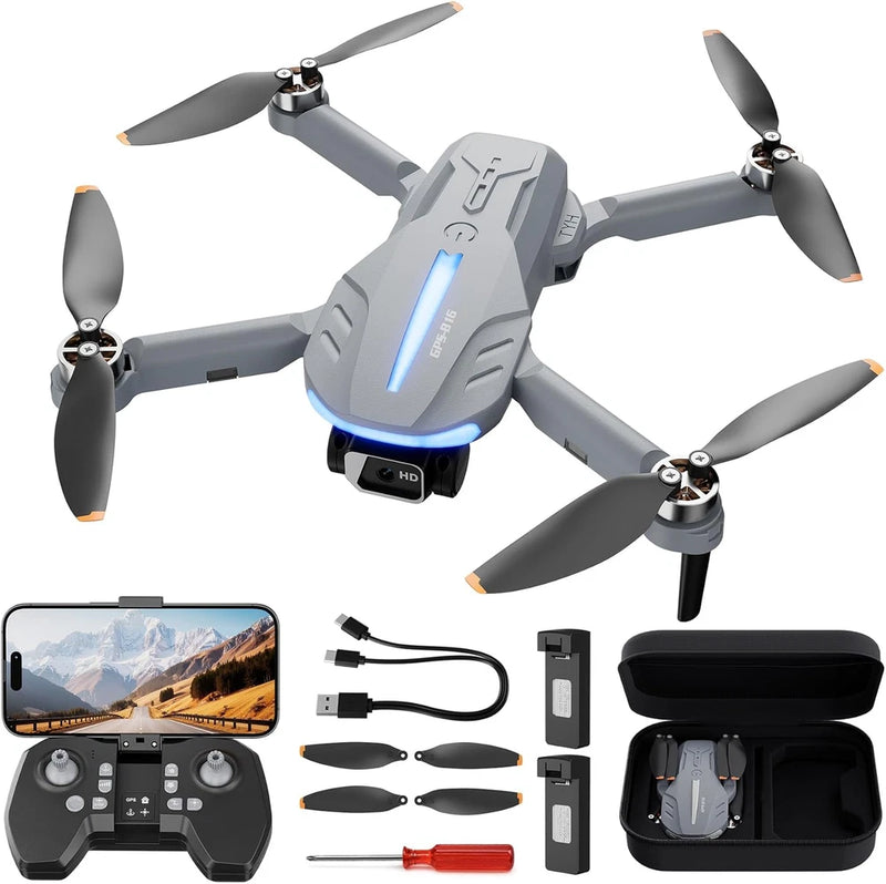 Gray quadcopter drone with 4-blade propellers, controller, and accessory battery case
