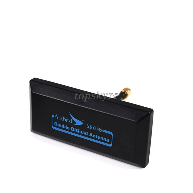 5.8GHz double biquad FPV antenna with black housing and gold RF connector