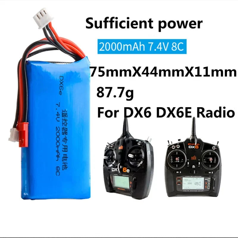 7.4V 2000mA Lipo Battery for Spektrum DX6 DX6e Transmitter Horizon DX8 Radio QX7 Battery